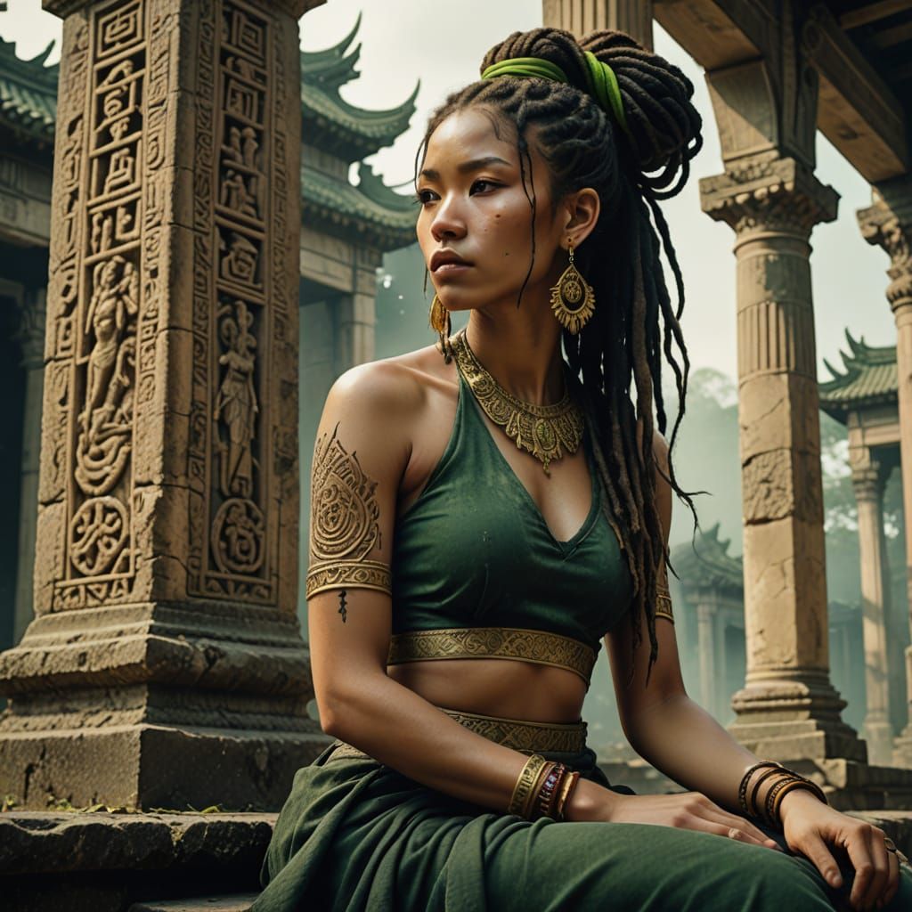 Malaysian Woman with Dreadlocks in Ancient Temple