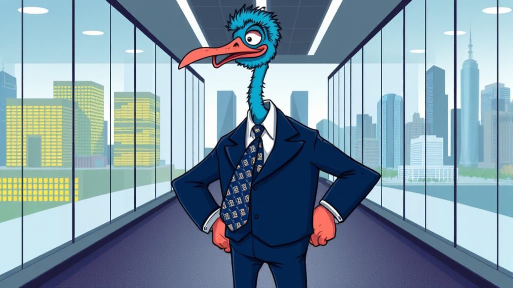 Anthropomorphic Emu in Navy Business Suit
