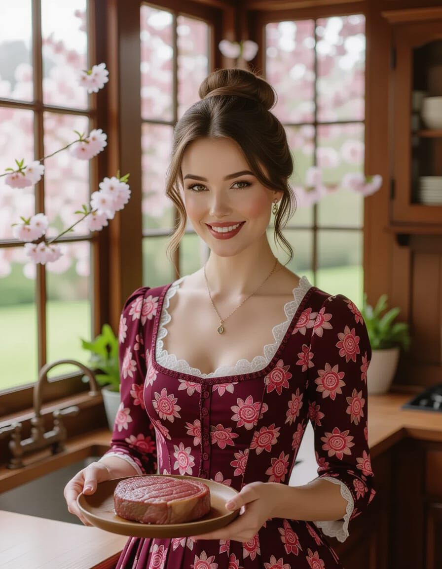 Victorian Woman Smiling in Luxurious Kitchen with Steak