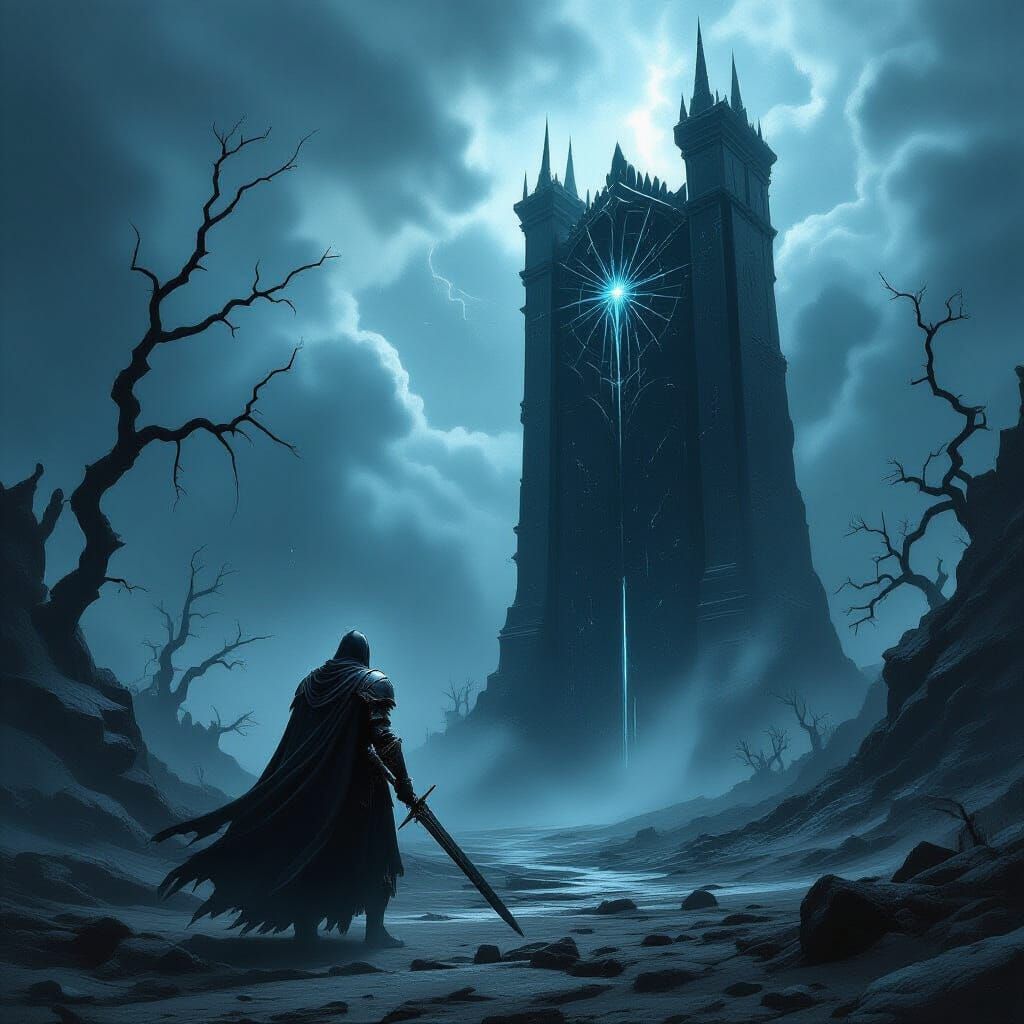 Knight Before Obsidian Gate in Stormy Dark Fantasy