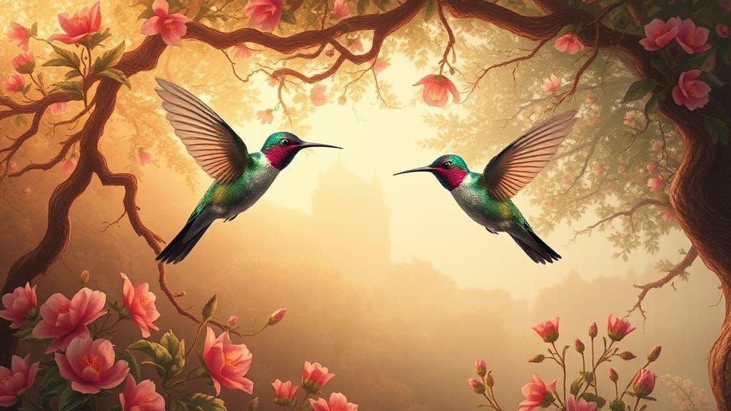 Hummingbirds in Deep Floral Background