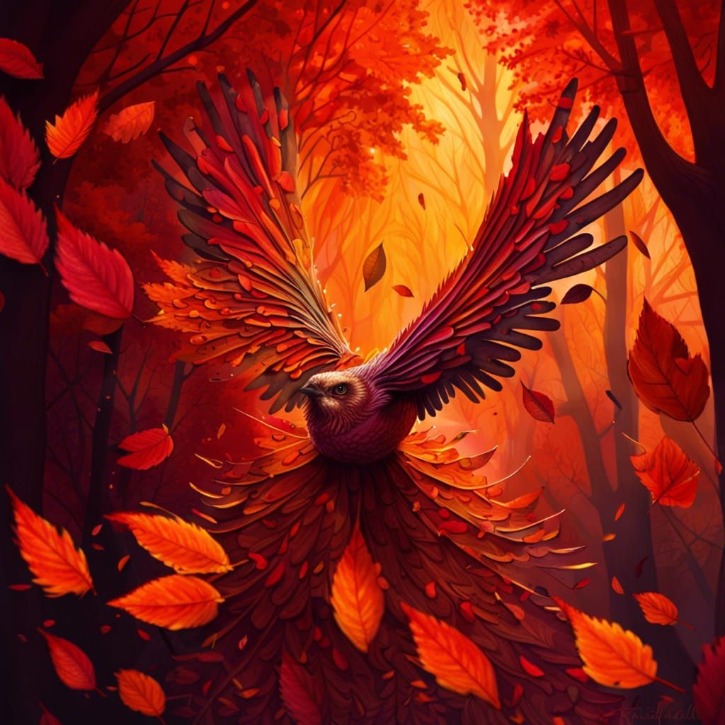 Autumn Bird of Leaves in Fantasy Landscape