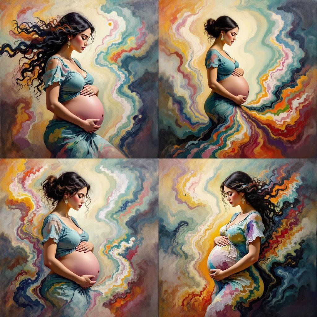 Surreal Pregnant Woman Dissolving into Emotional Patterns