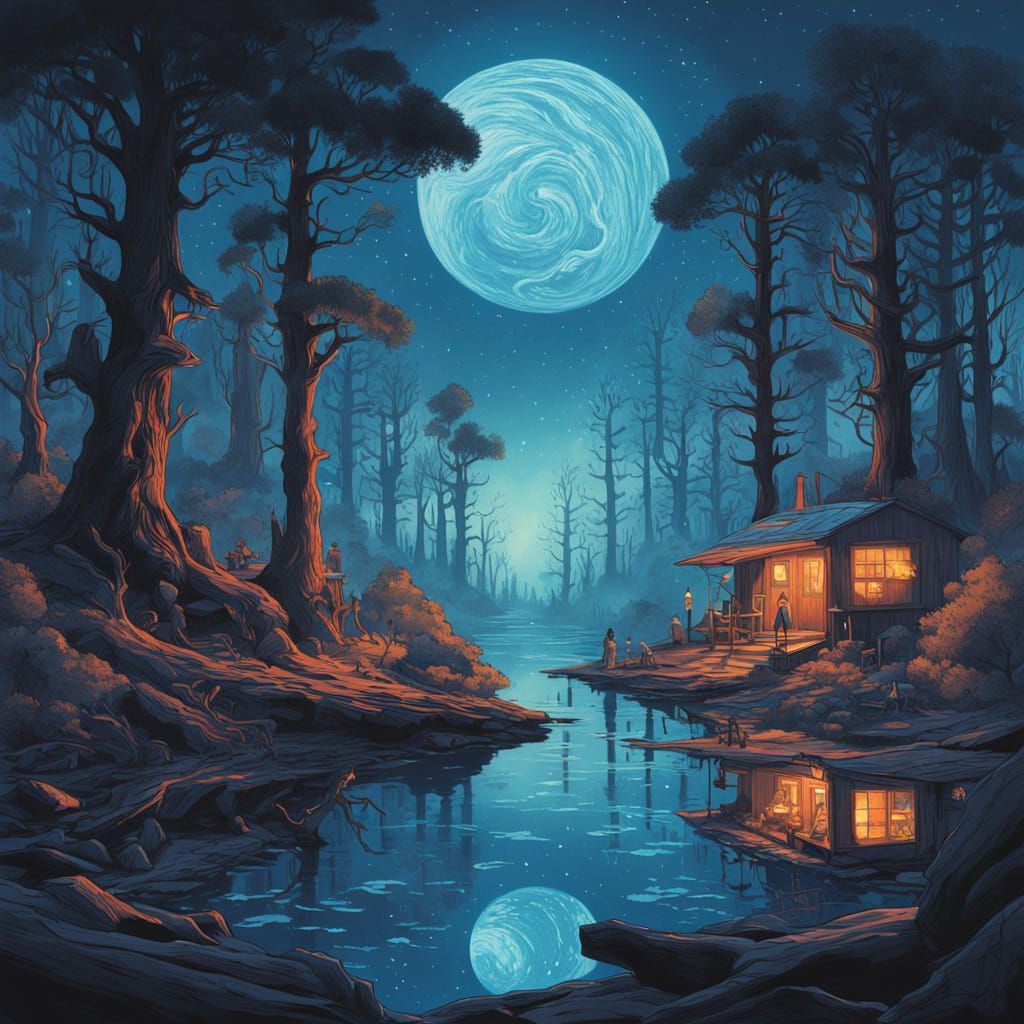 Ethereal Landscape of Glowing Stone Trees in a Dark Indigo S...