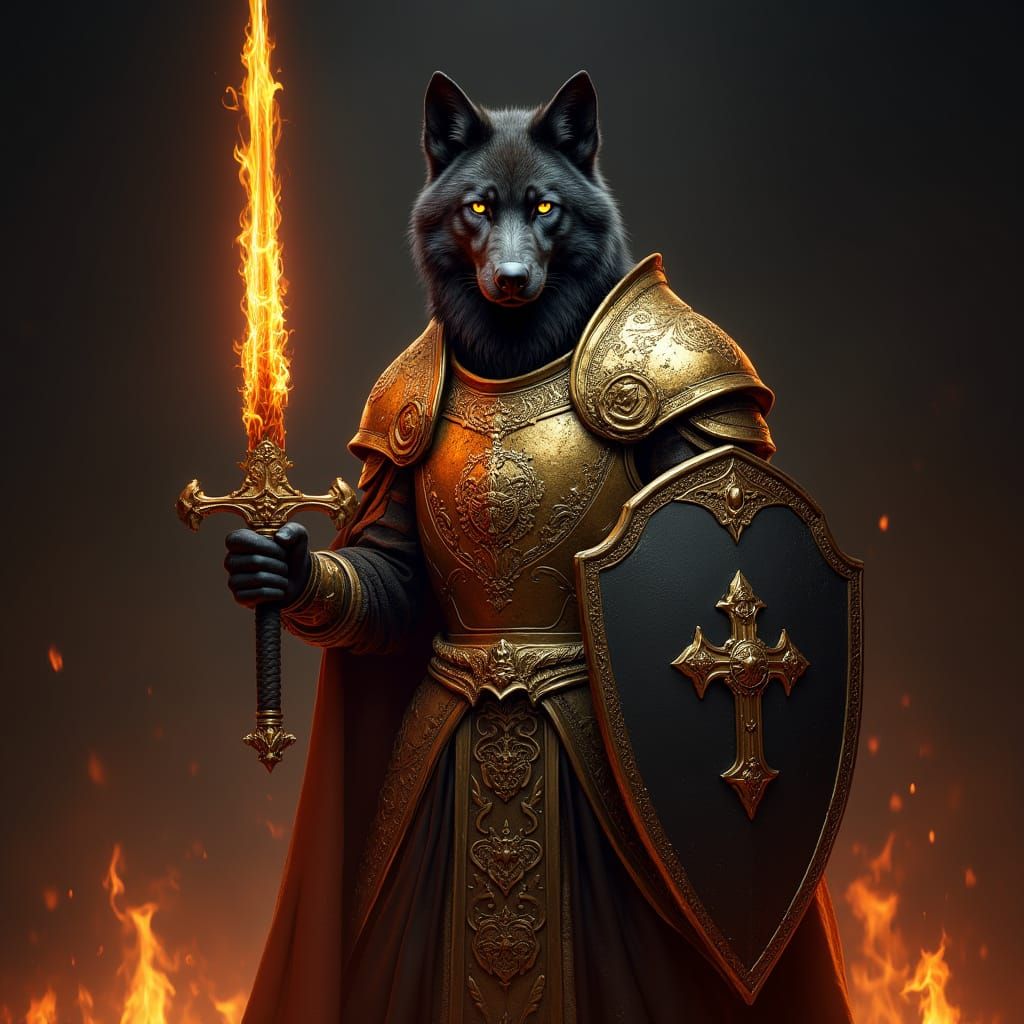 Regal Black Wolf in Golden Armour with Flaming Sword and Shi...