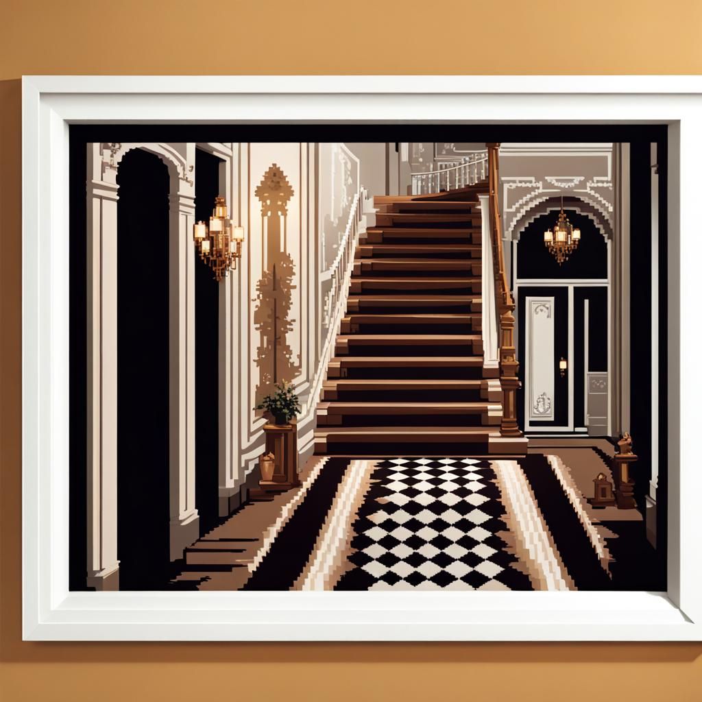 Luxurious Parisian Stairway in Retro Pixel Art