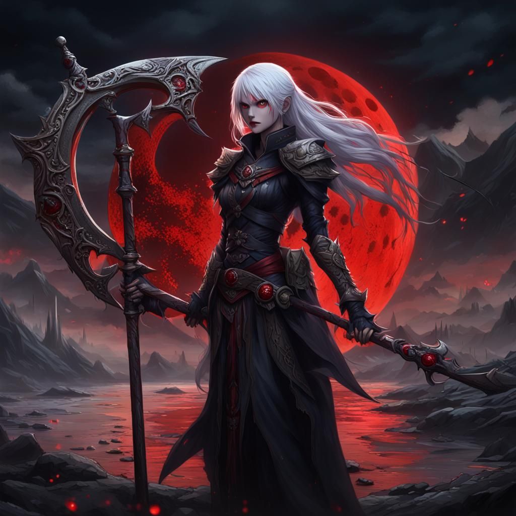 Anime Death Girl with Scythe on River of Blood