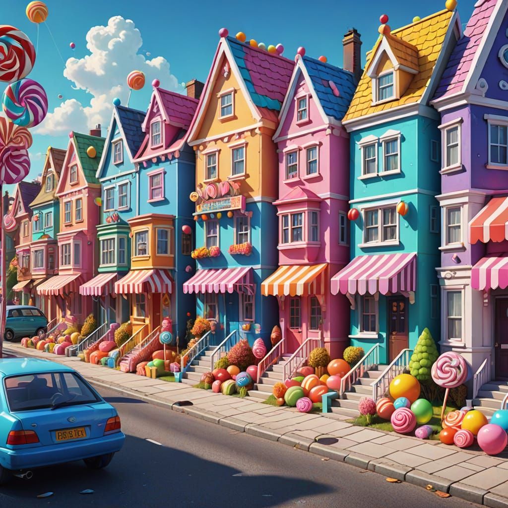 Whimsical Candy Houses on a Street | Digital Illustration