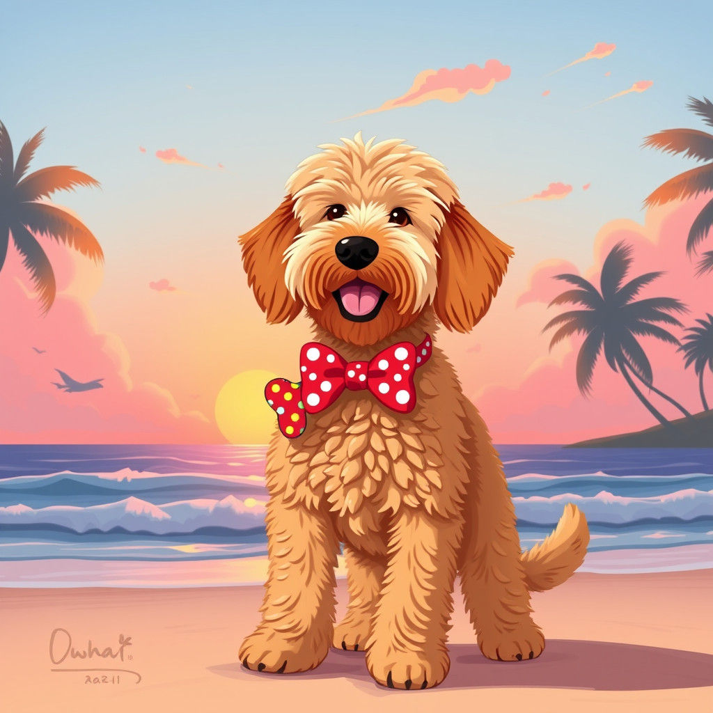 Golden Doodle Dog at Dawn in Hawaii