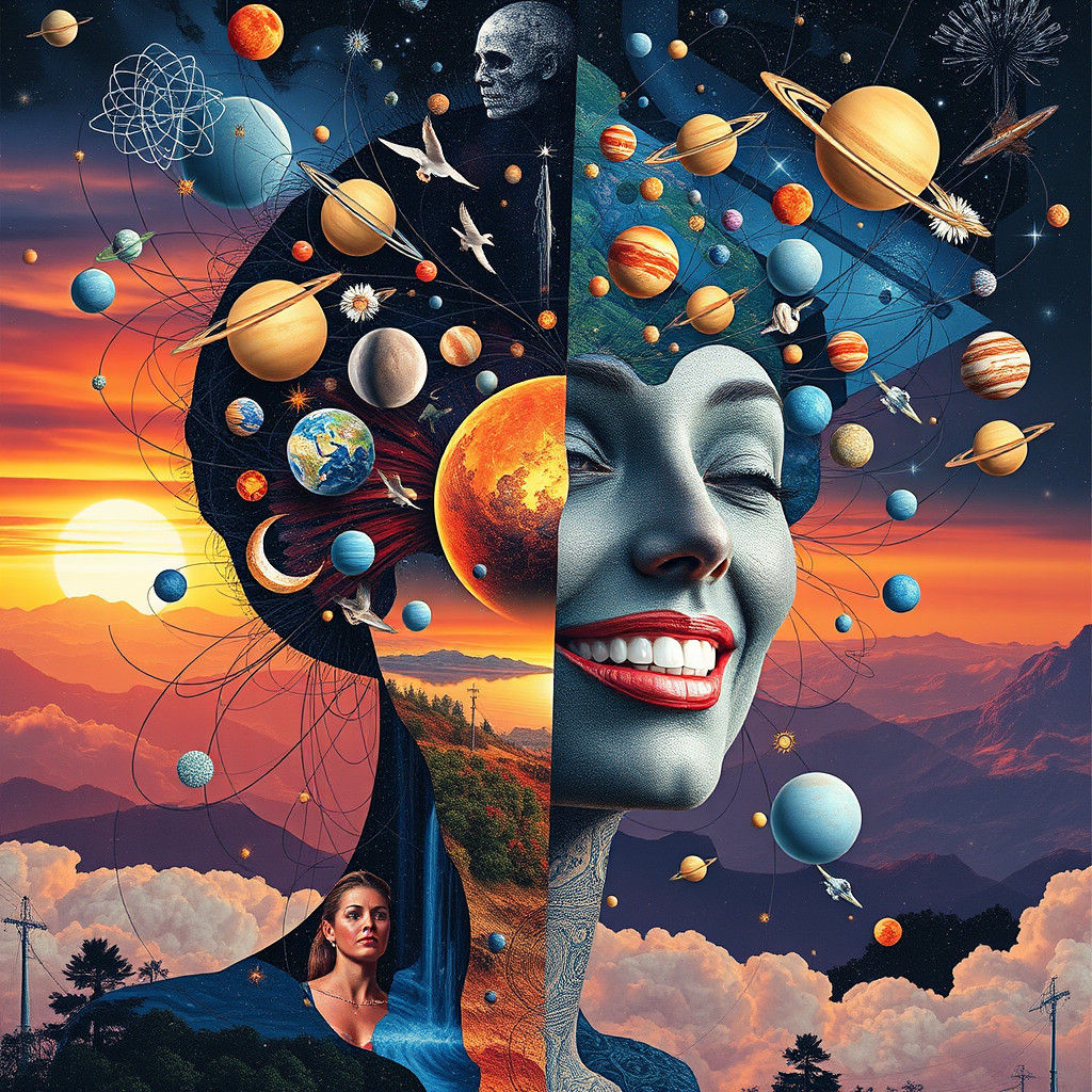 Lady Cosmos and Dancing Planets in Collage Art