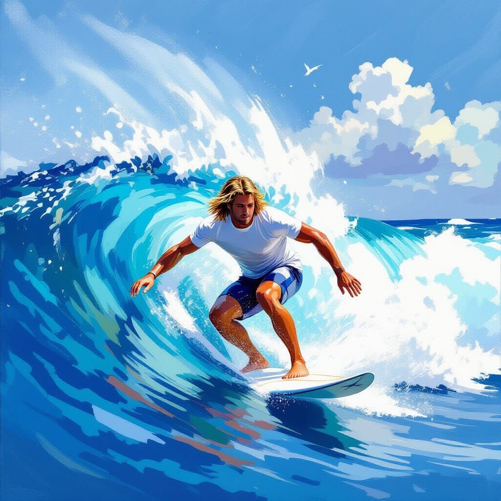 Australian Surfer Riding Big Wave Impressionistic Painting