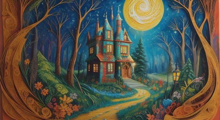House in the woods, under the watchful eye of the Moon