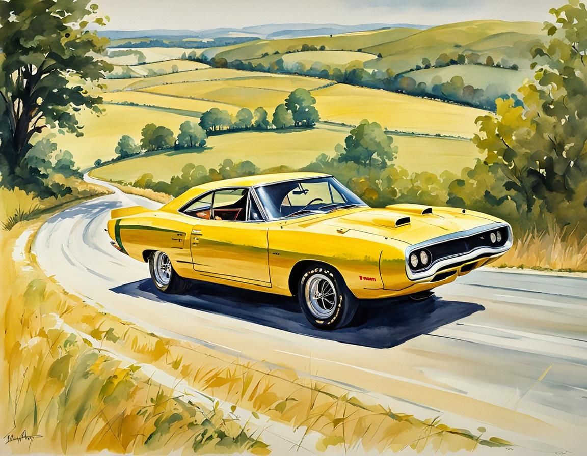 Plymouth Roadrunner Superbird Races in Gouache Style