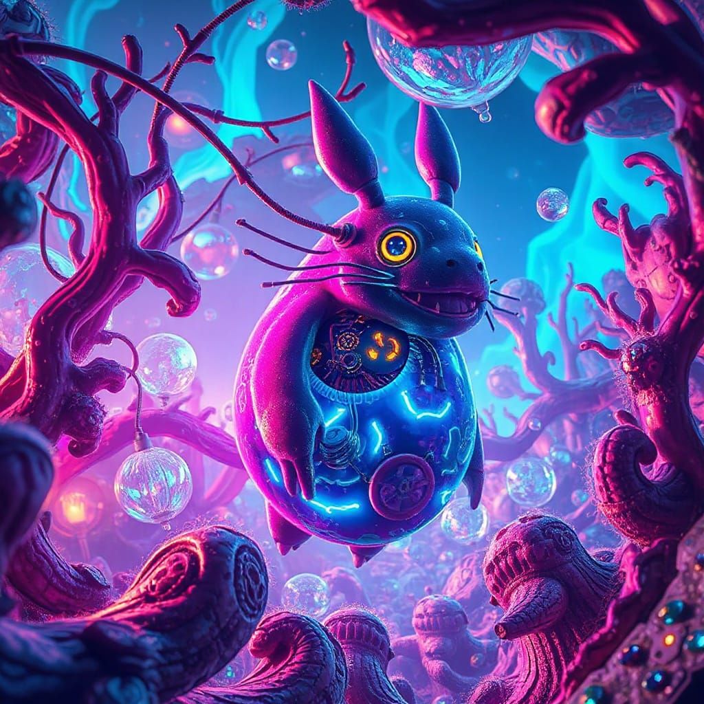 Surrealist Sci-Fi Creature Emerges from Iridescent Dreamscap...