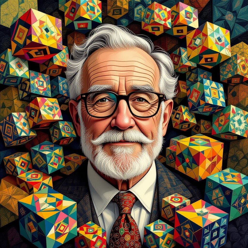 Old Man Surrounded by Fractal Cubes in Cubist Style