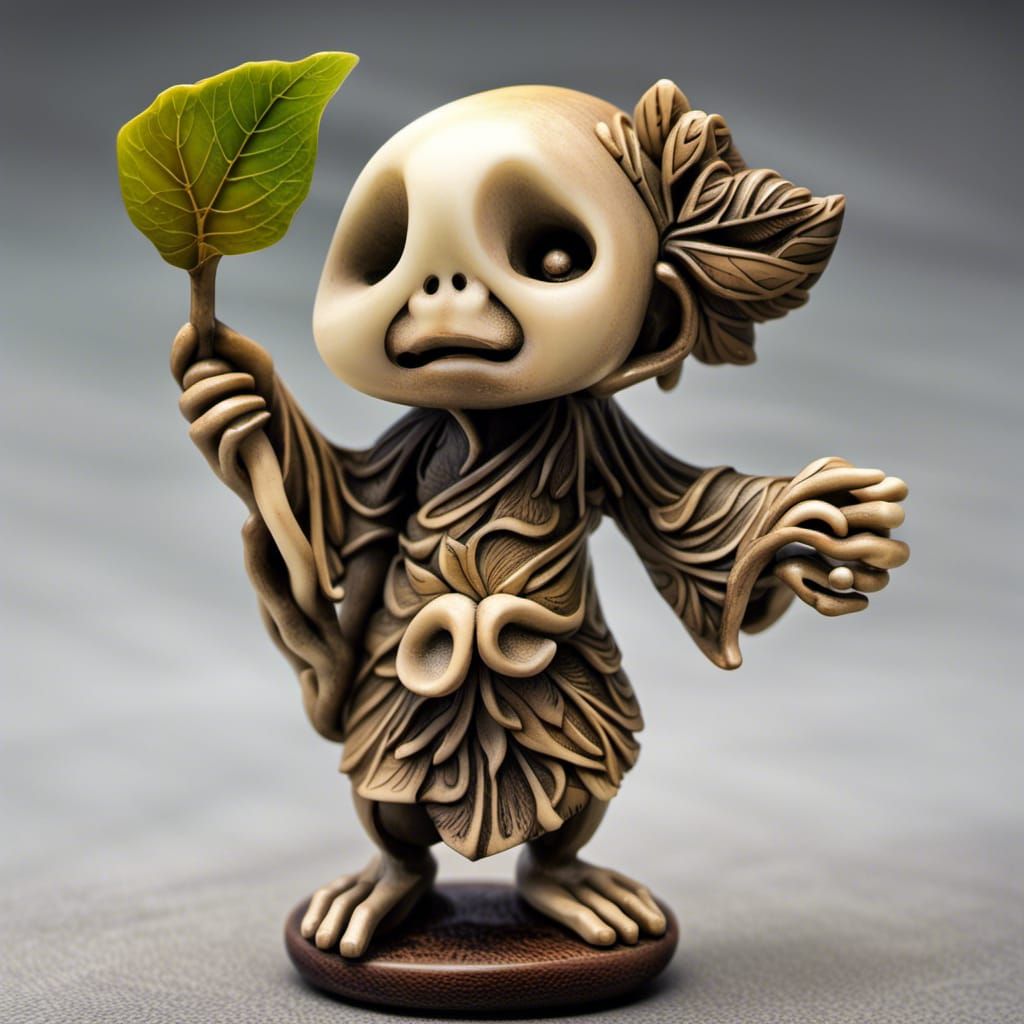 Netsuke, kodama forest spirit holding large leaf, mid shot, 2/3 face angle, side light, in the style Garaku