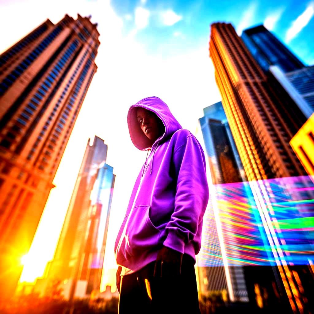 Cyberpunk Cityscape with Resolute Figure and Holographic Dis...