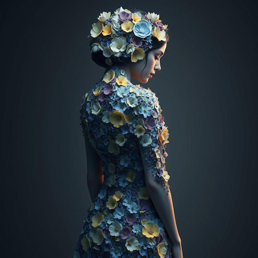 Woman in Floral Dress: Dark Fantasy Concept Art