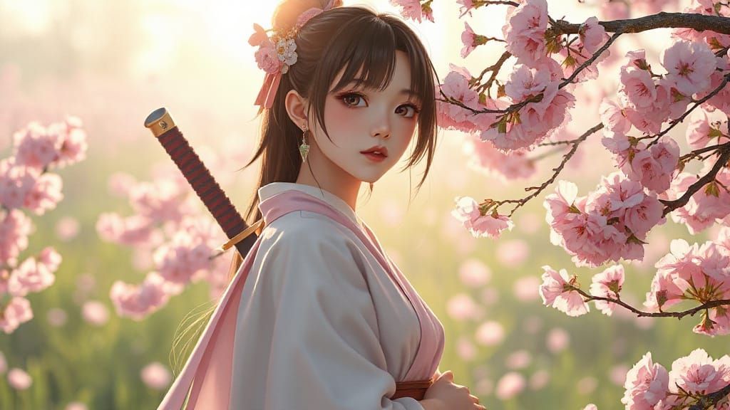 Anime Swordswoman in Cherry Blossom Field, Realistic Detail