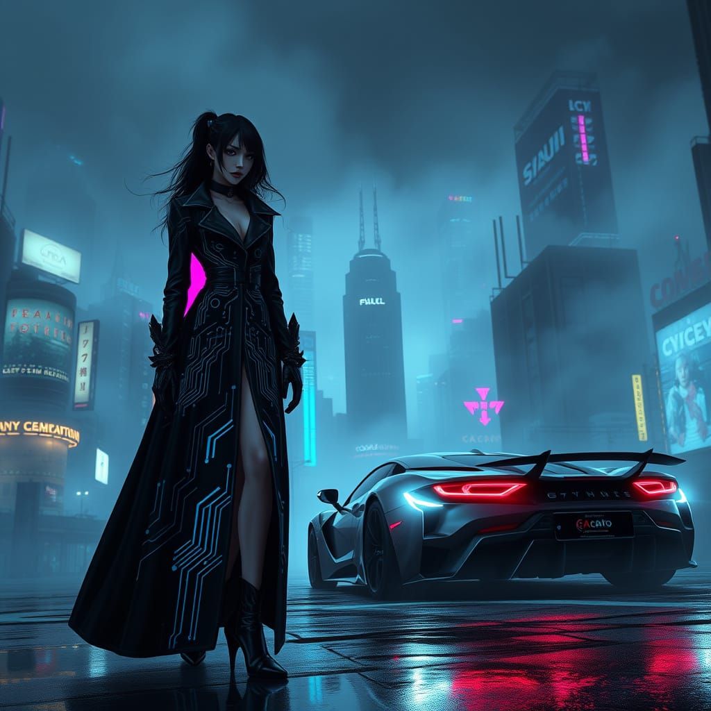 Dark City Femme Fatale in Neon-Lit Cyberpunk Splendor