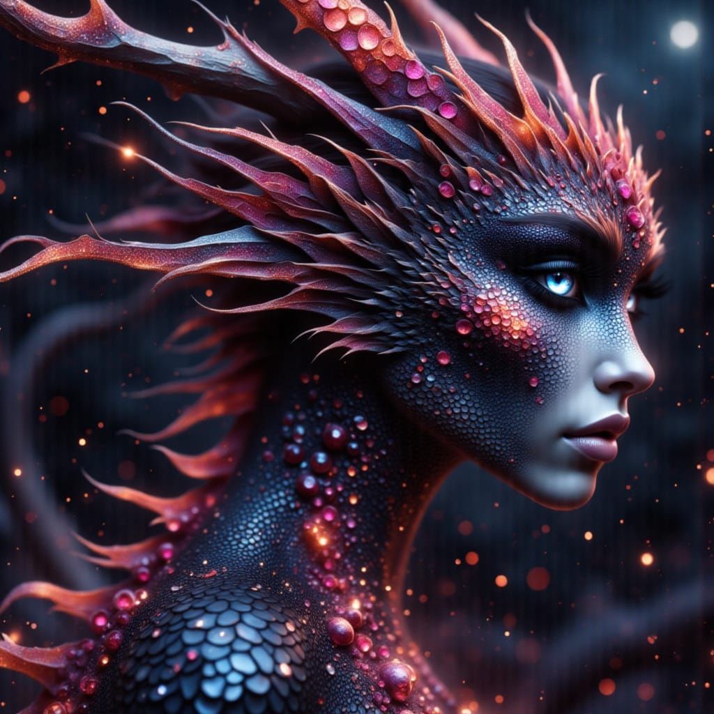 Ebony Dragon Woman with Ruby Scales in Cosmic Art
