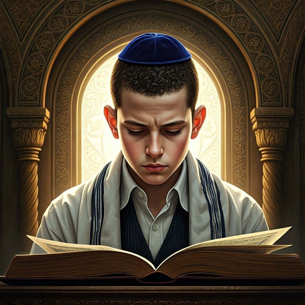 Young Boy Praying in Synagogue: Art Nouveau Portrait