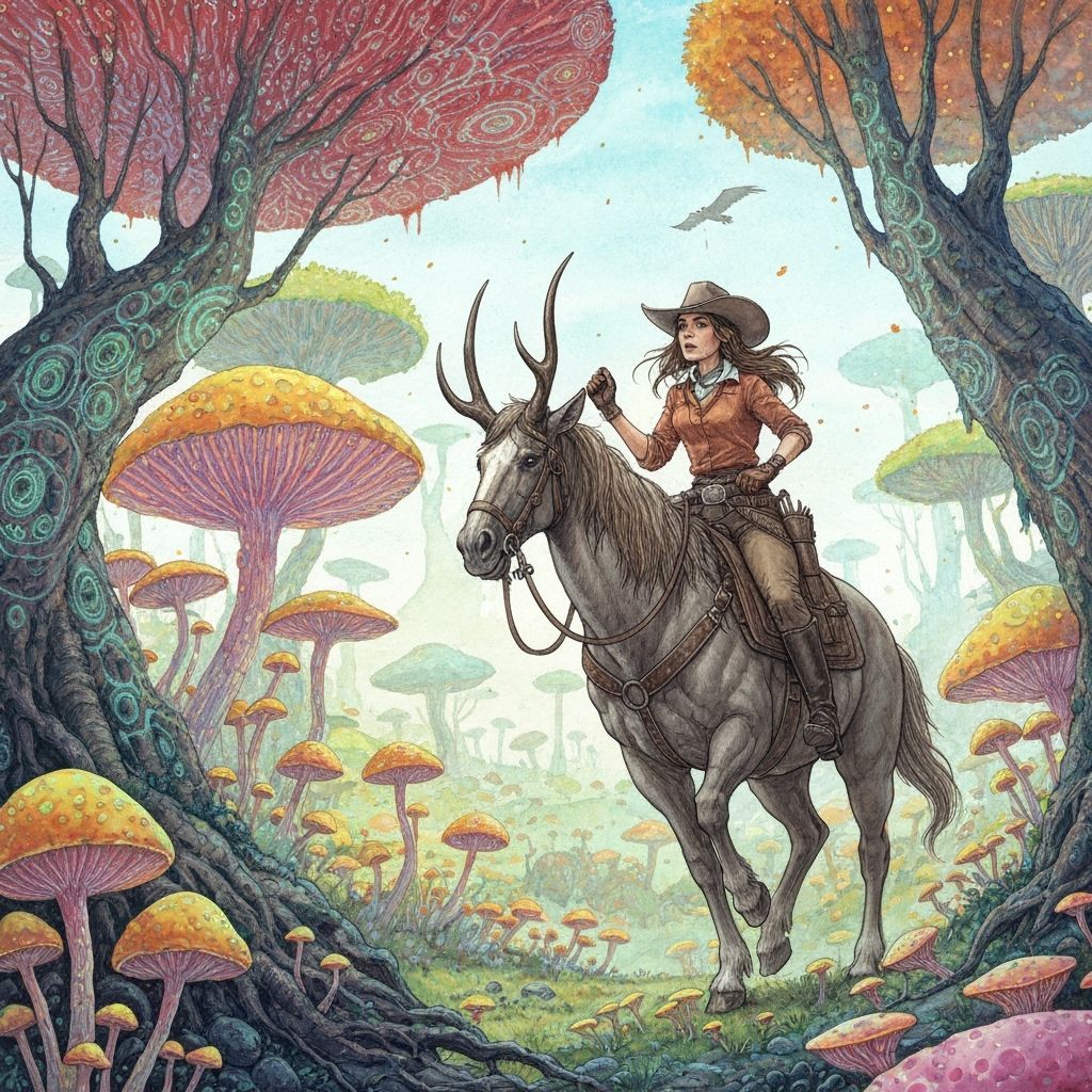 Cowgirl in Bioluminescent Fungi Lost World Watercolor