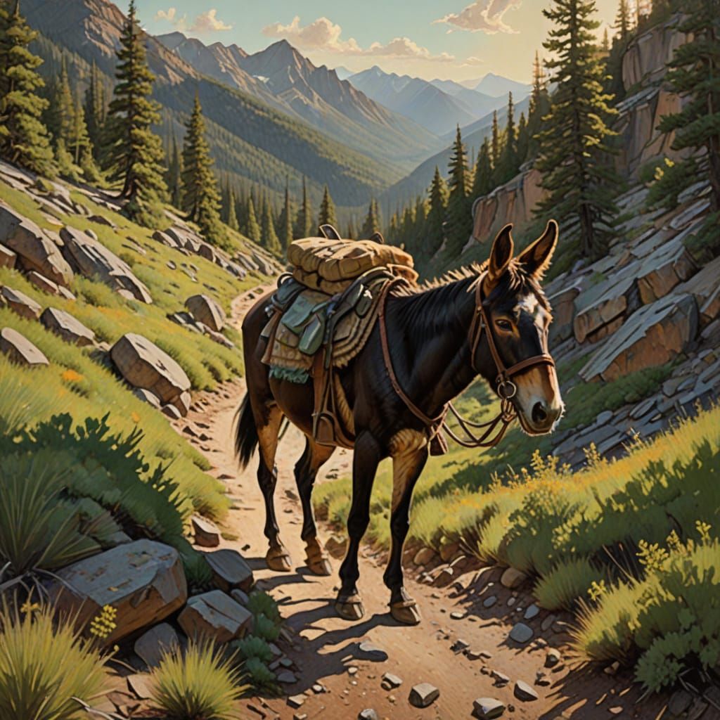 Pack Mule in a Sun-Drenched Mountain Landscape