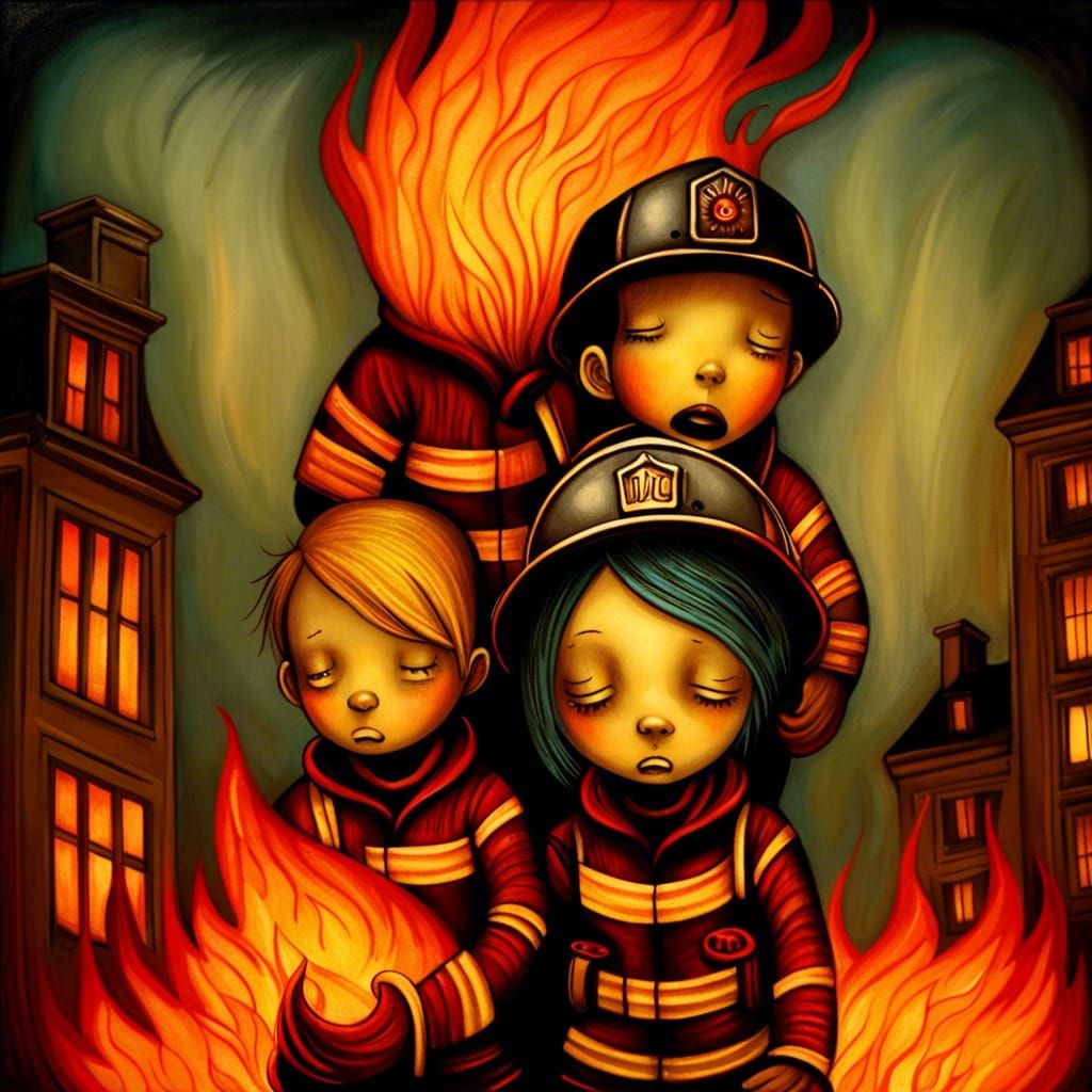 Firefighter Rescue from Burning Building, Romantic Portraitu...