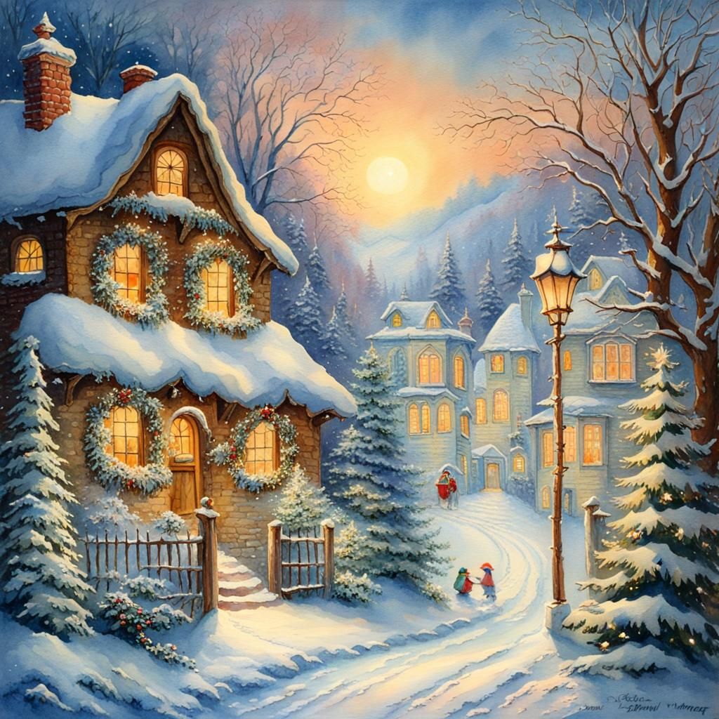 Vintage snowy  christmas home scenery.