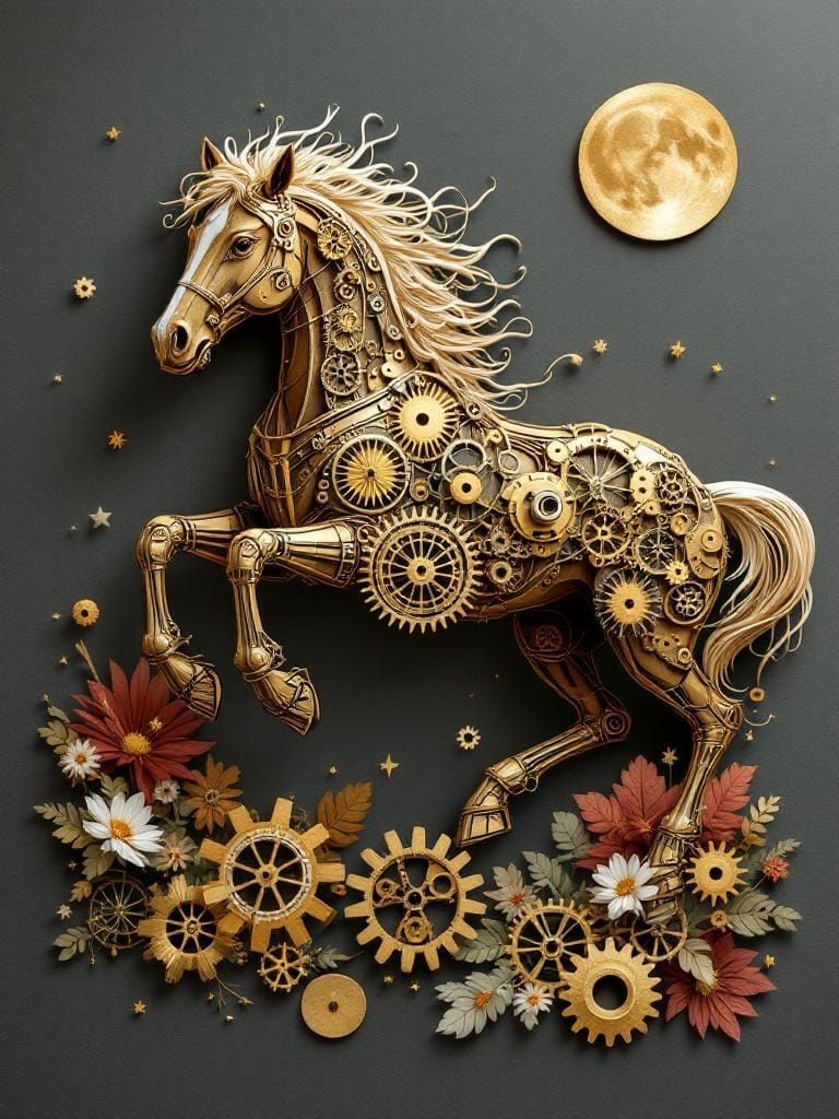 Dimensional Papercraft Horse with Retro-Futuristic Gears