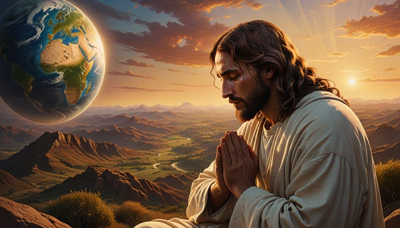 Jesus Prays: A Surrealist Earthscape in Golden Light