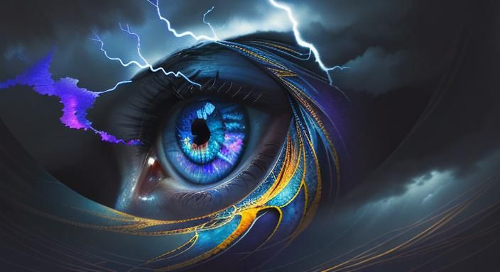 Ethereal Eyes in Stormy Sky: Watercolor and Ink Art