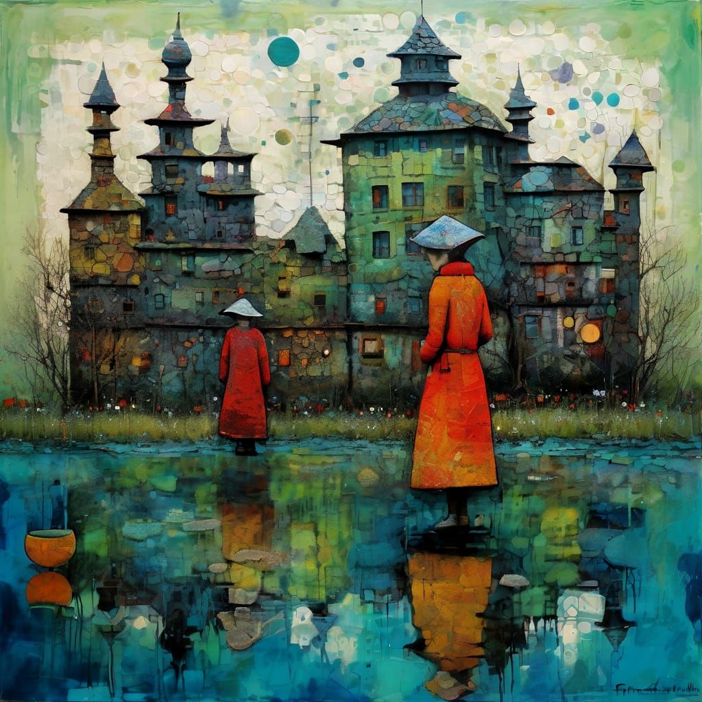 Art Brute Landscape Encaustic Painting Textured Naive Style