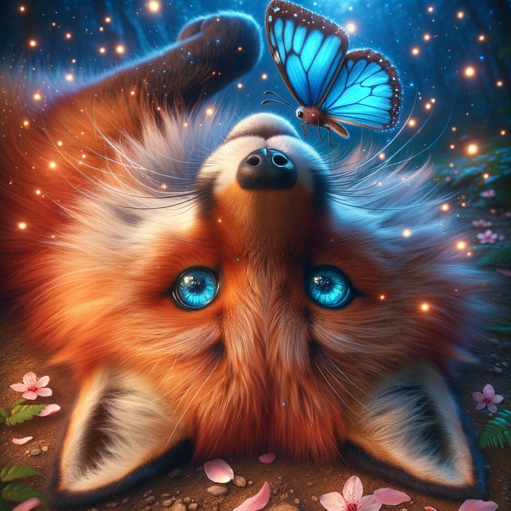 Red Fox and Blue Butterfly in Digital Painting