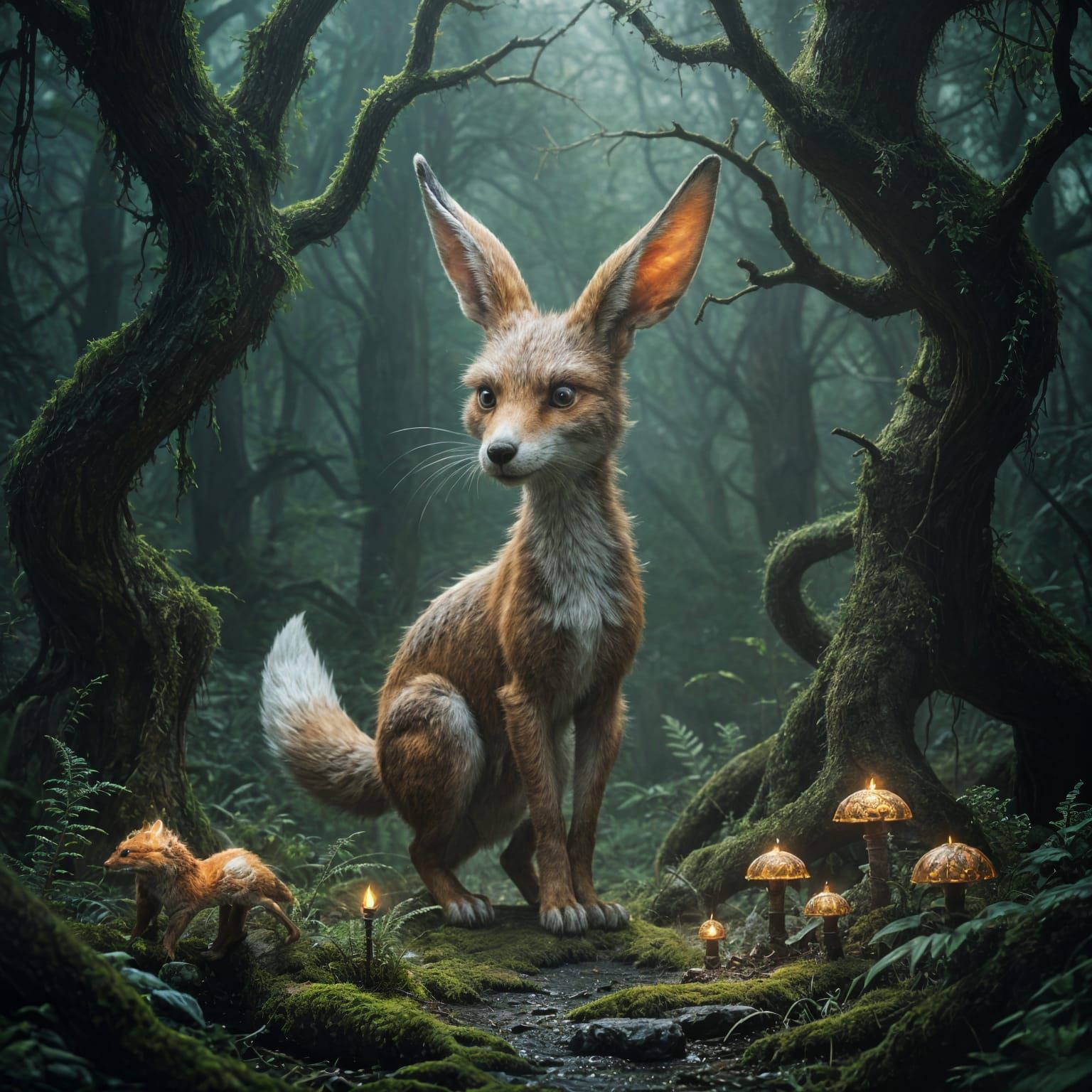 Epic Fantasy Creature Emerges from Dark Mossy Forest