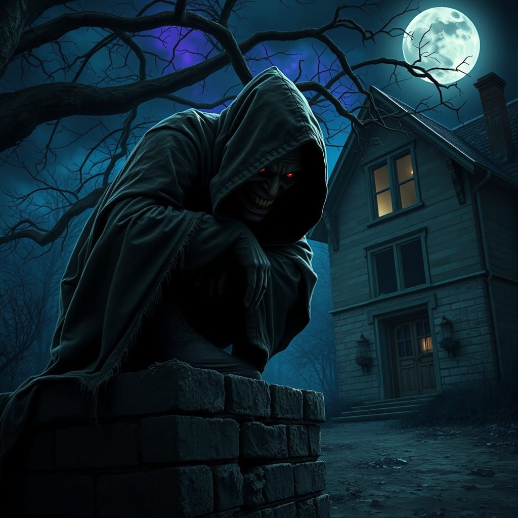 Dark Figure on Ruined Wall, Moonlit, in Gothic Style