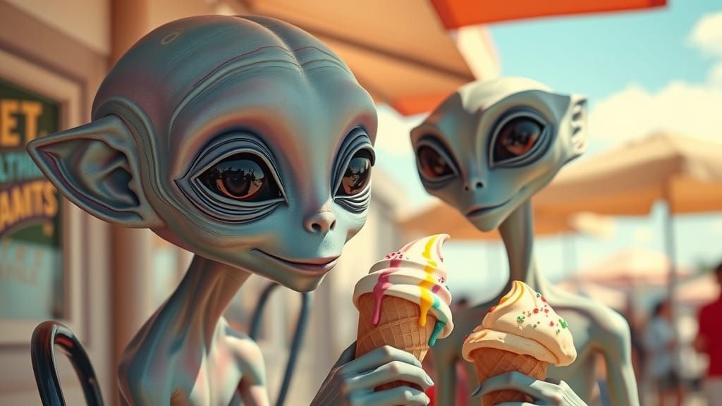 Otherworldly Friend Enjoys Ice Cream in a Vibrant Summer Lan...