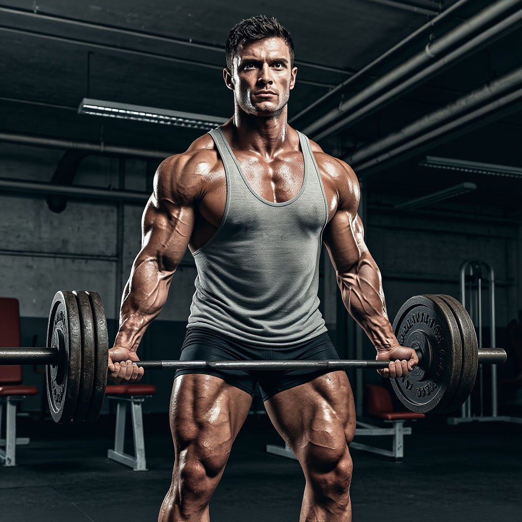 Photorealistic Bodybuilder Mid-Lift in Gritty Gym