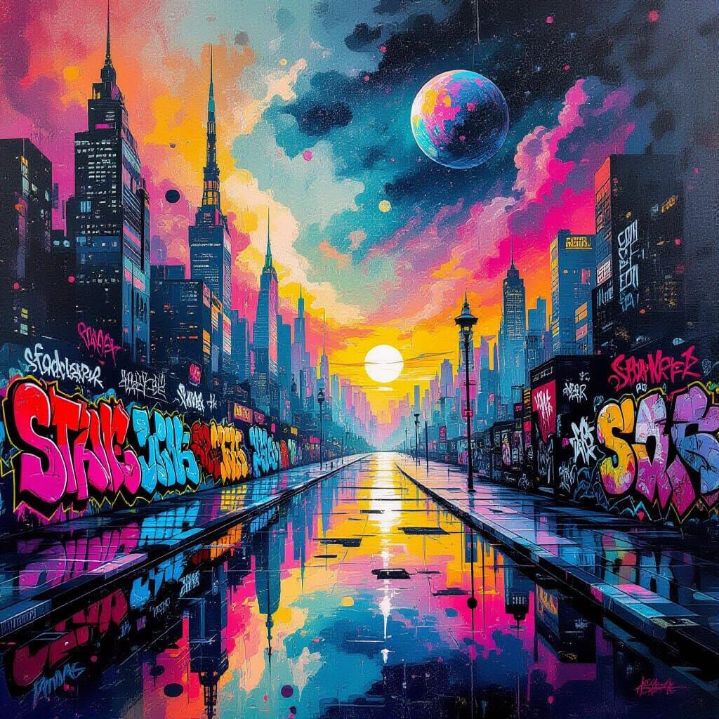 Surreal Sci-Fi Scene in Graffiti and Splash Art Styles