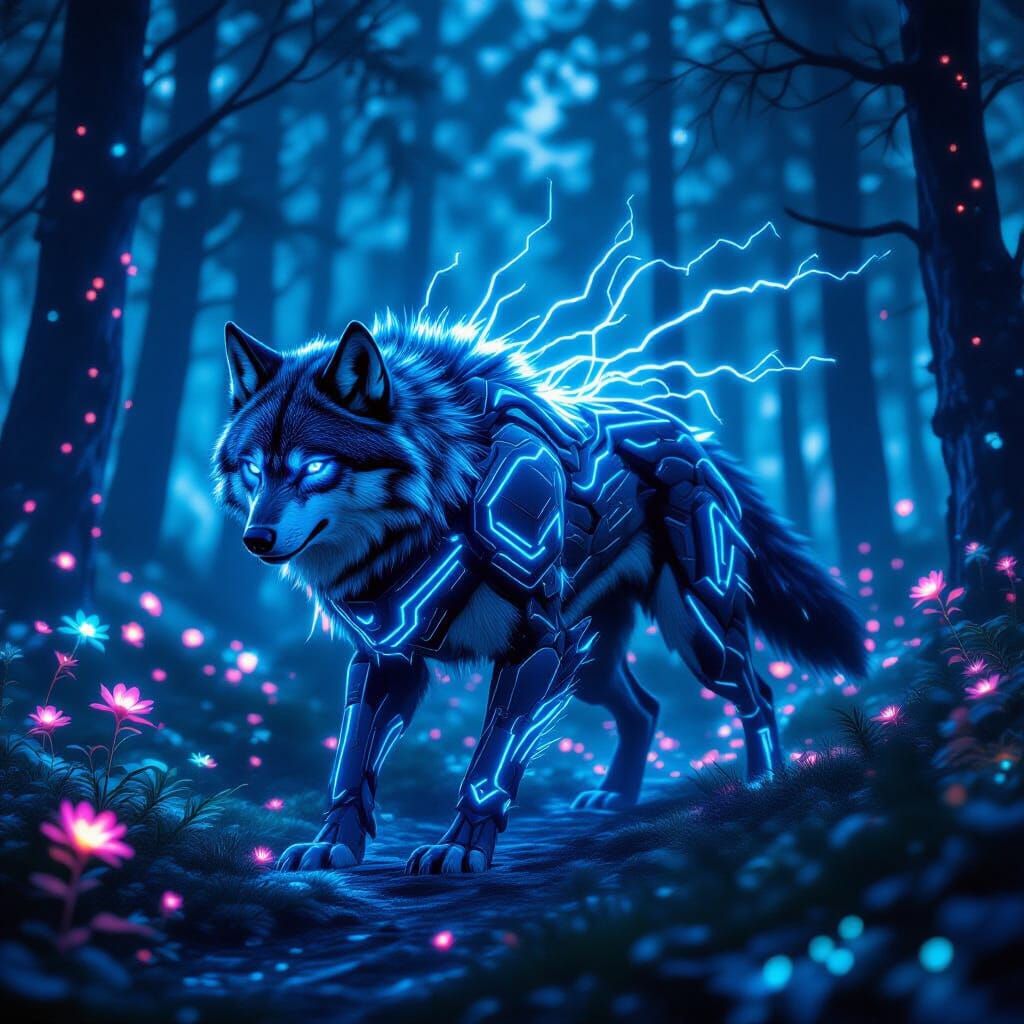 Cyberpunk Wolf Leader in Bioluminescent Forest