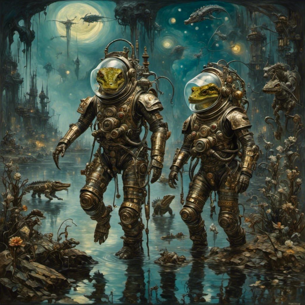 Alligators in Spacesuits Stroll Through Swamp