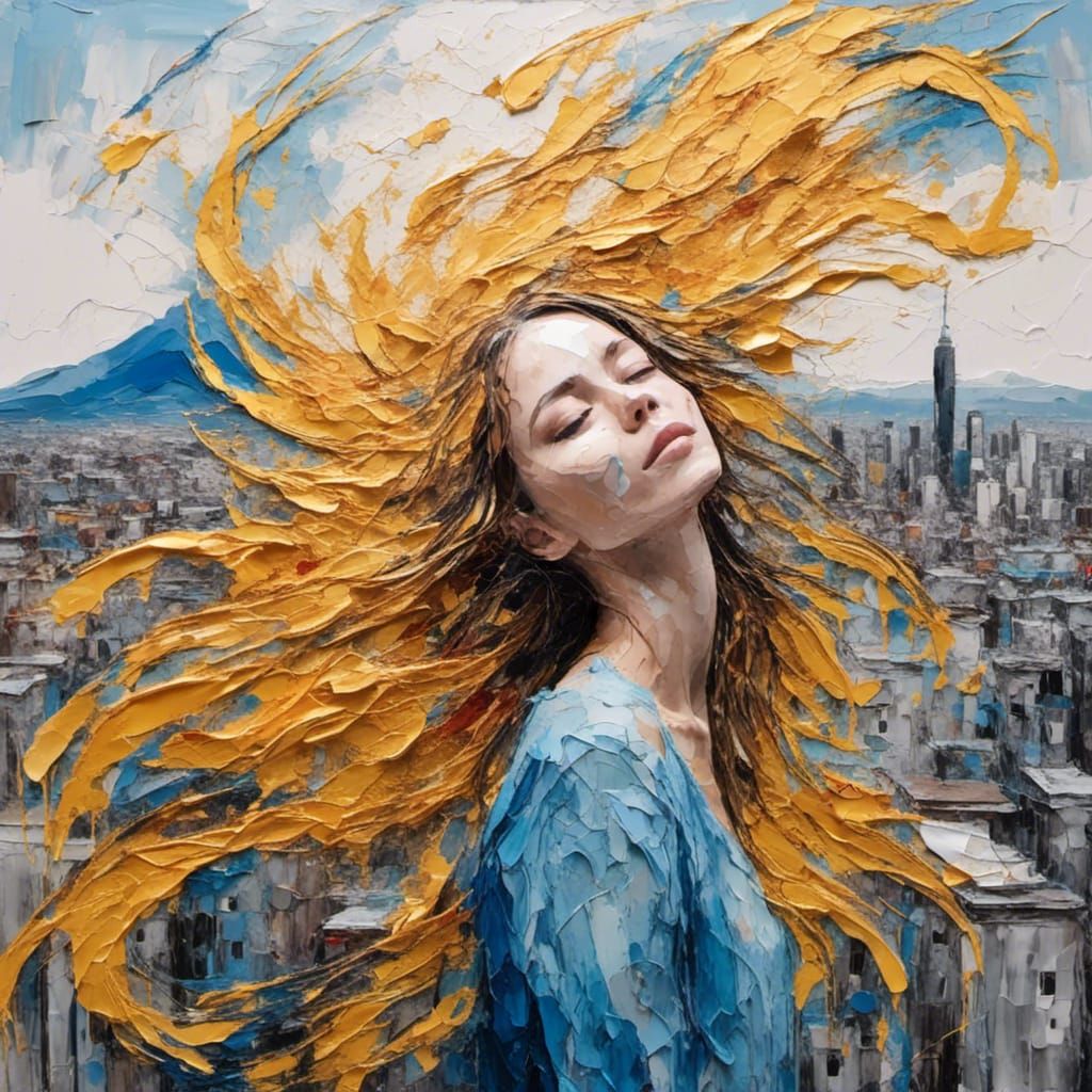 Woman Gazing at Phoenix Over Skyline, Impasto Drawing