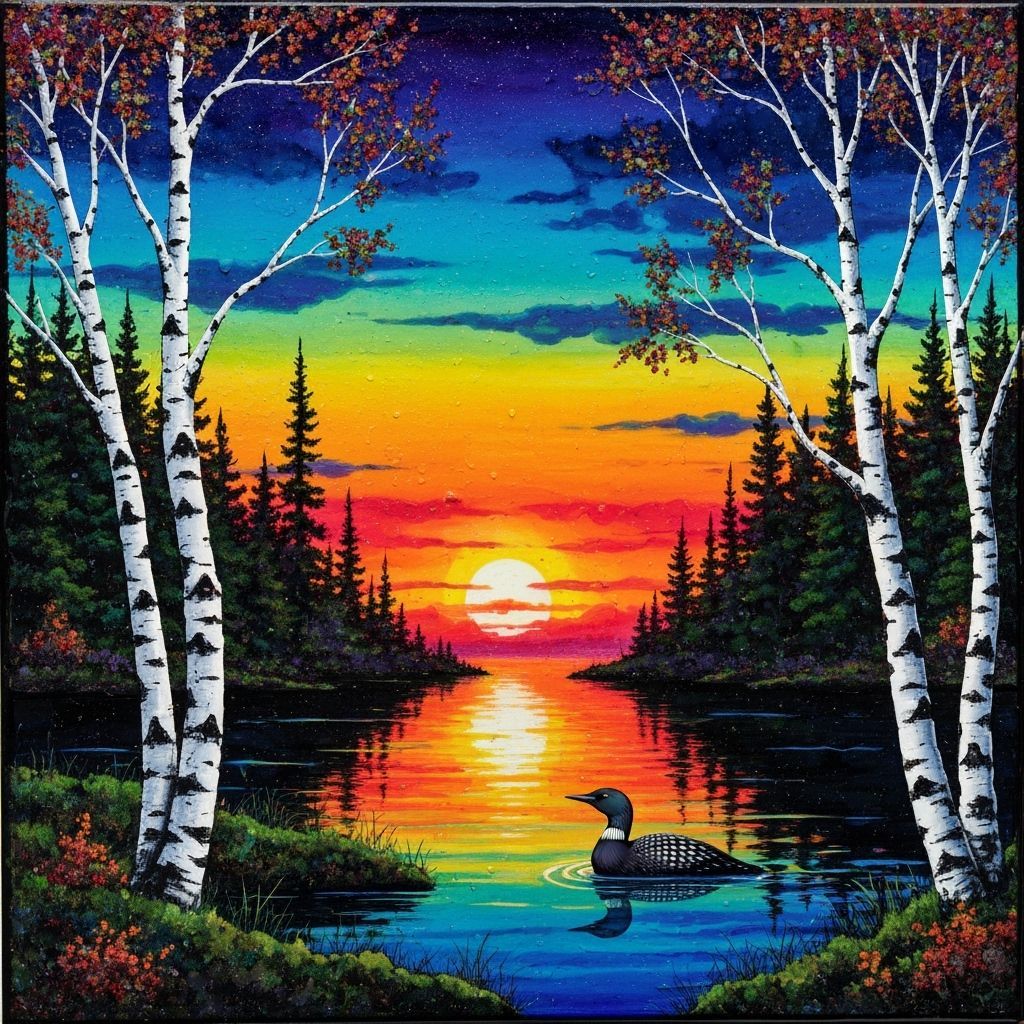 Vibrant Abstract Sunset Over Forest Lake with Loon