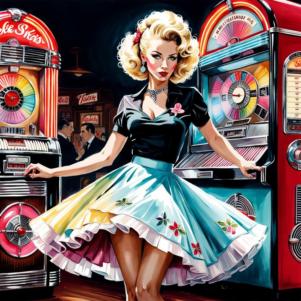 1950s Blonde Woman Dancing the Twist: Watercolor