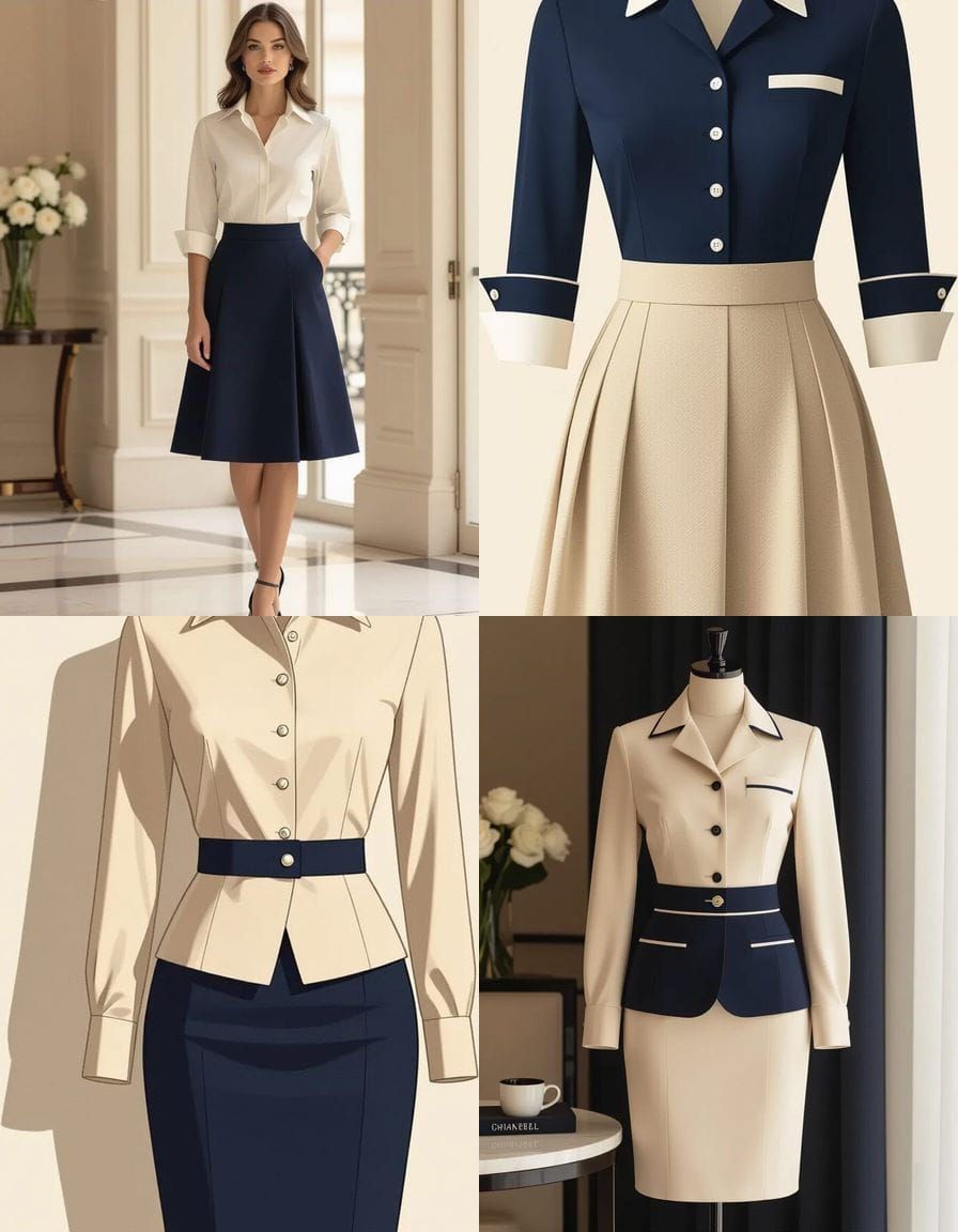 Chanel Style Hotel Uniform Beige Navy Skirt and Shirt