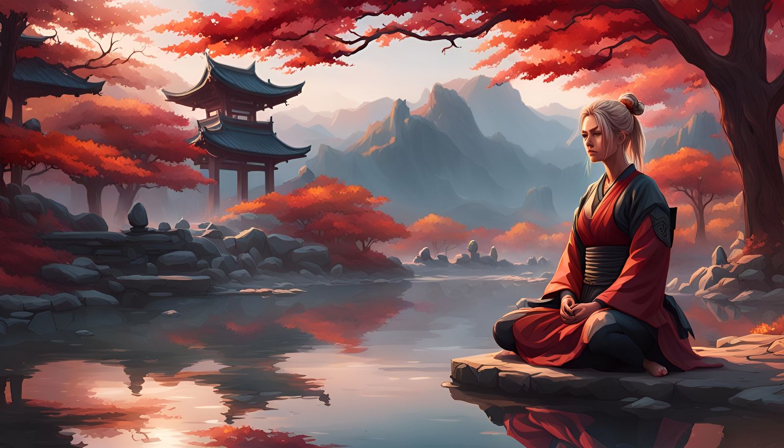 Samurai Meditating Under Autumn Trees: Hyperdetailed Portrai...