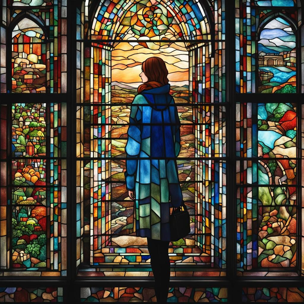 Woman Gazing Through Stained Glass Window in Library