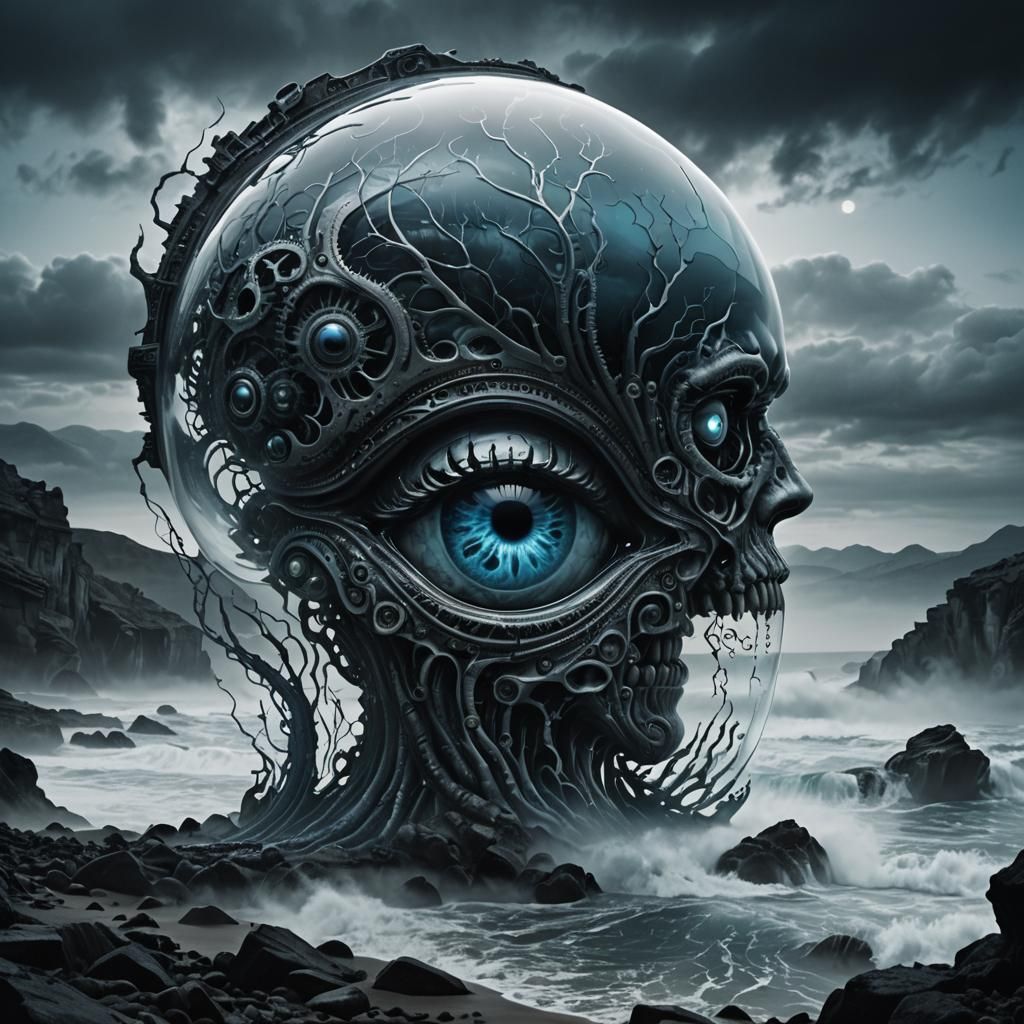 Biomechanical Surrealism: Glass 'A' with Eye and Brain