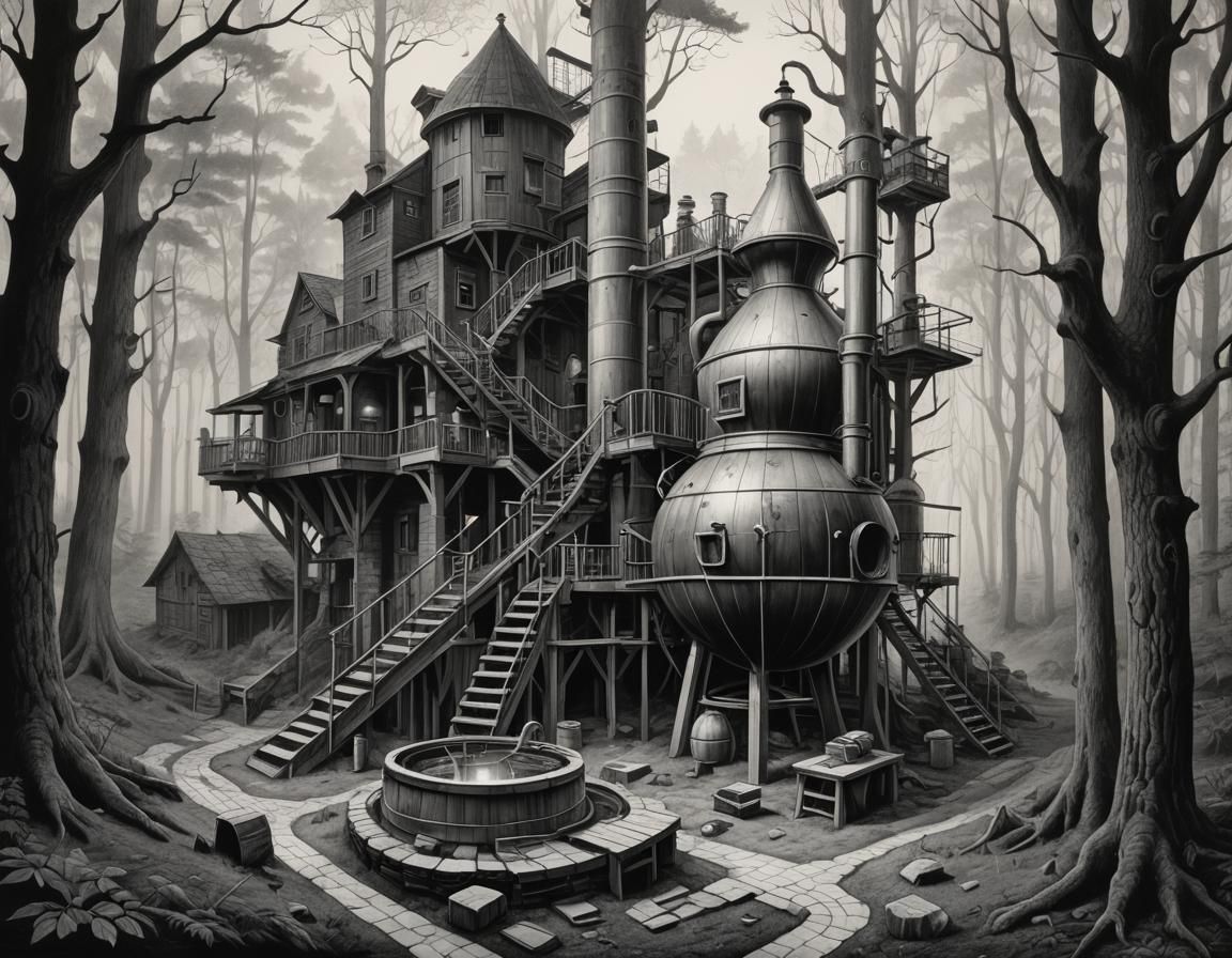 Detailed Moonshine Still in Foggy Woods, Escher Style